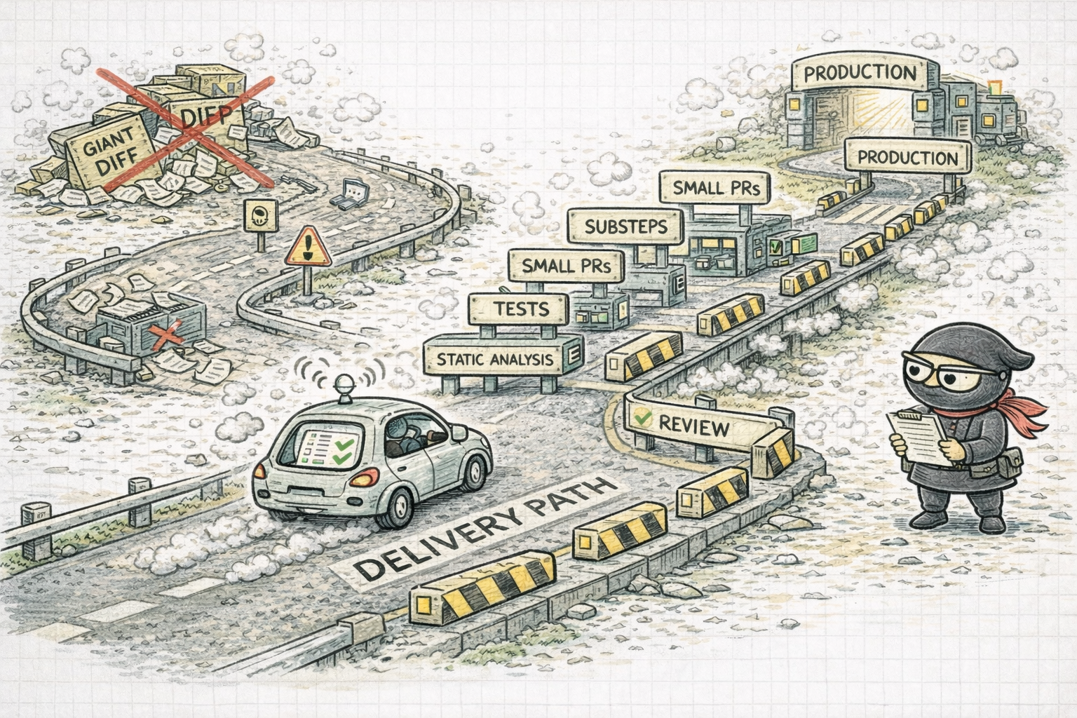An autonomous delivery car navigating a structured path through tests, review, small PRs, and production while a ninja engineer observes from the side.