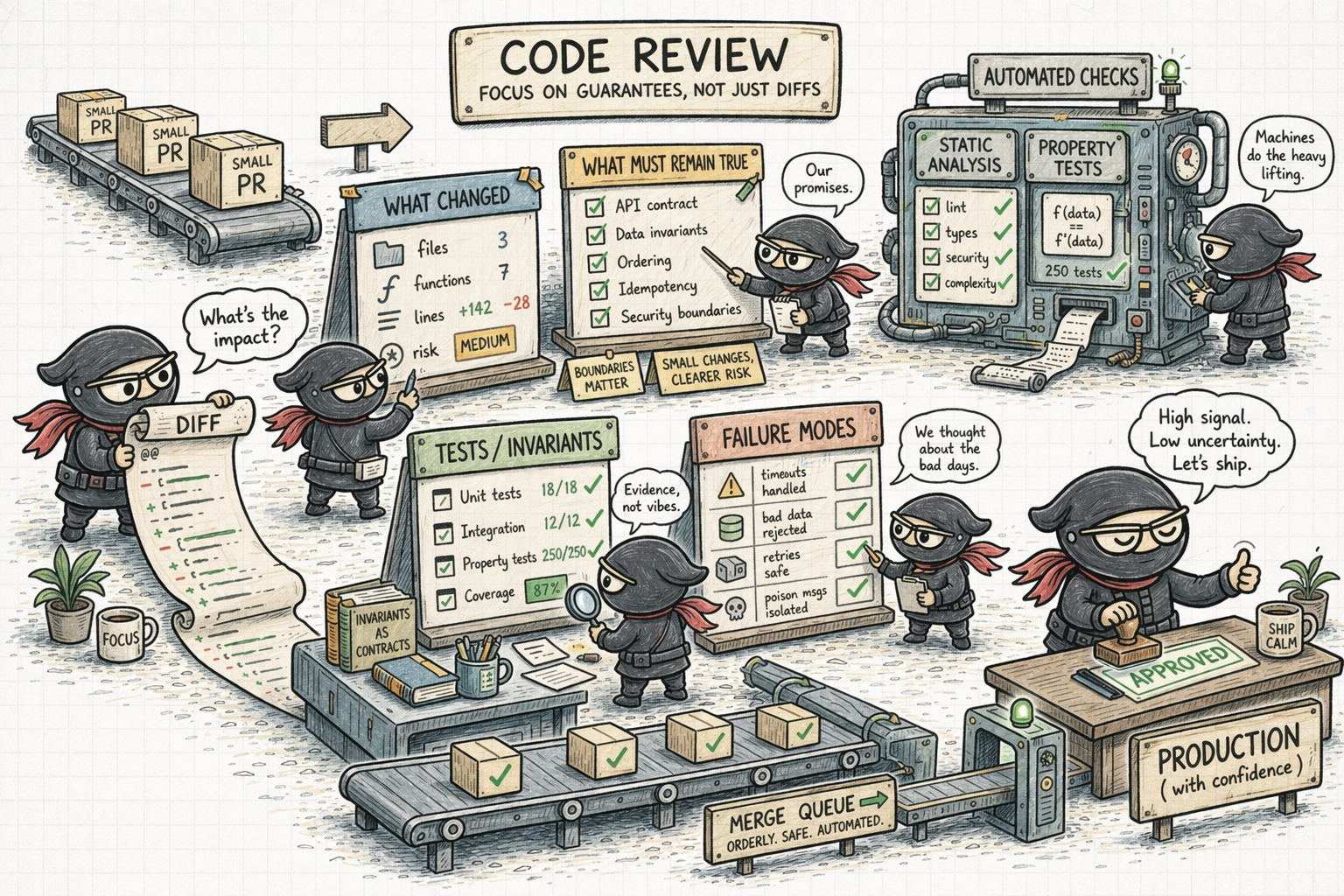 Ninja engineers reviewing guarantees, invariants, tests, and failure modes instead of just scanning raw diffs.