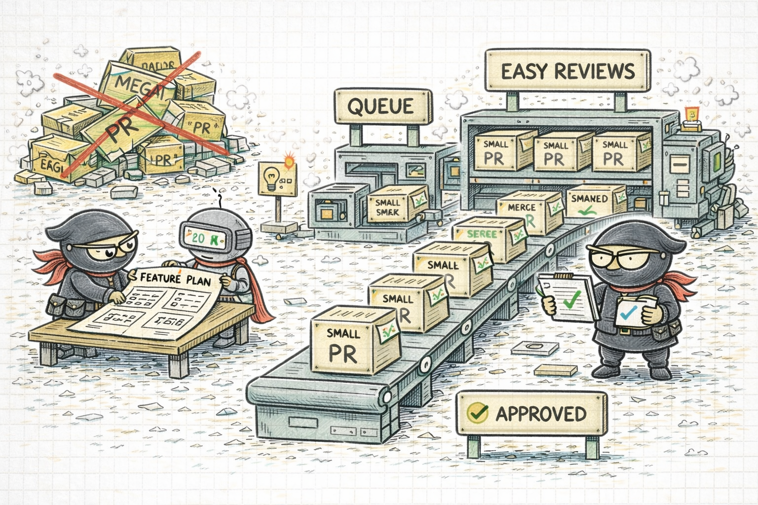 Ninja engineers breaking a large feature into small pull requests that move through CI, checks, review, and merge in an orderly queue.