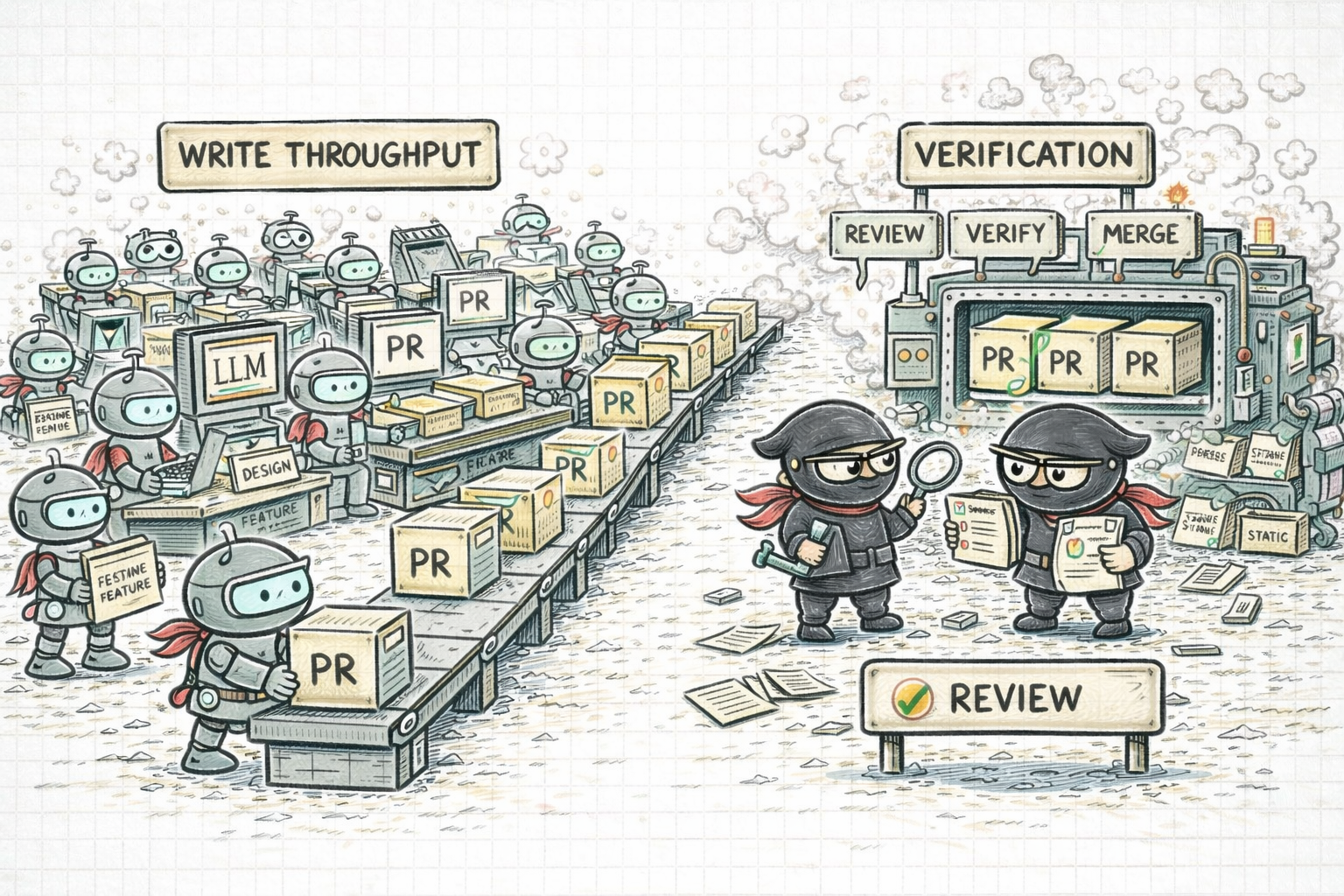 Ninja engineers generating pull requests faster than a slower verification station can review, verify, and merge them.