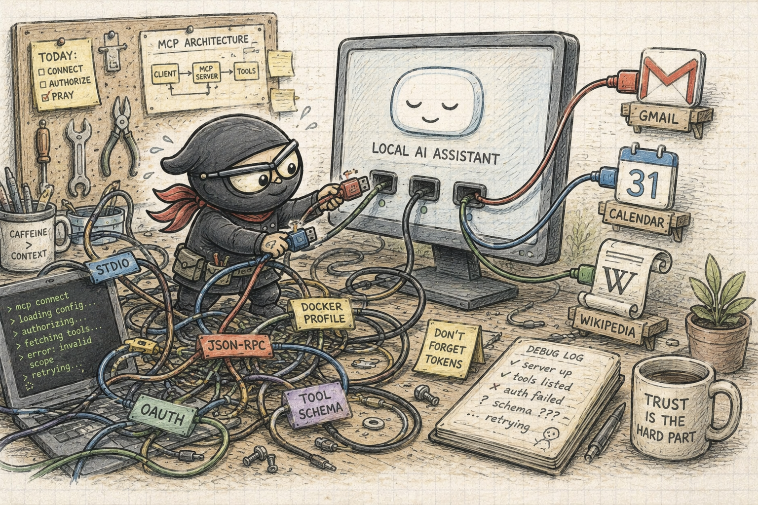 Hand-drawn ninja avatar-minion wiring Gmail, Calendar, and Wikipedia into a local AI assistant through labelled MCP cables such as STDIO, JSON-RPC, OAuth, Docker profile, and tool schema.