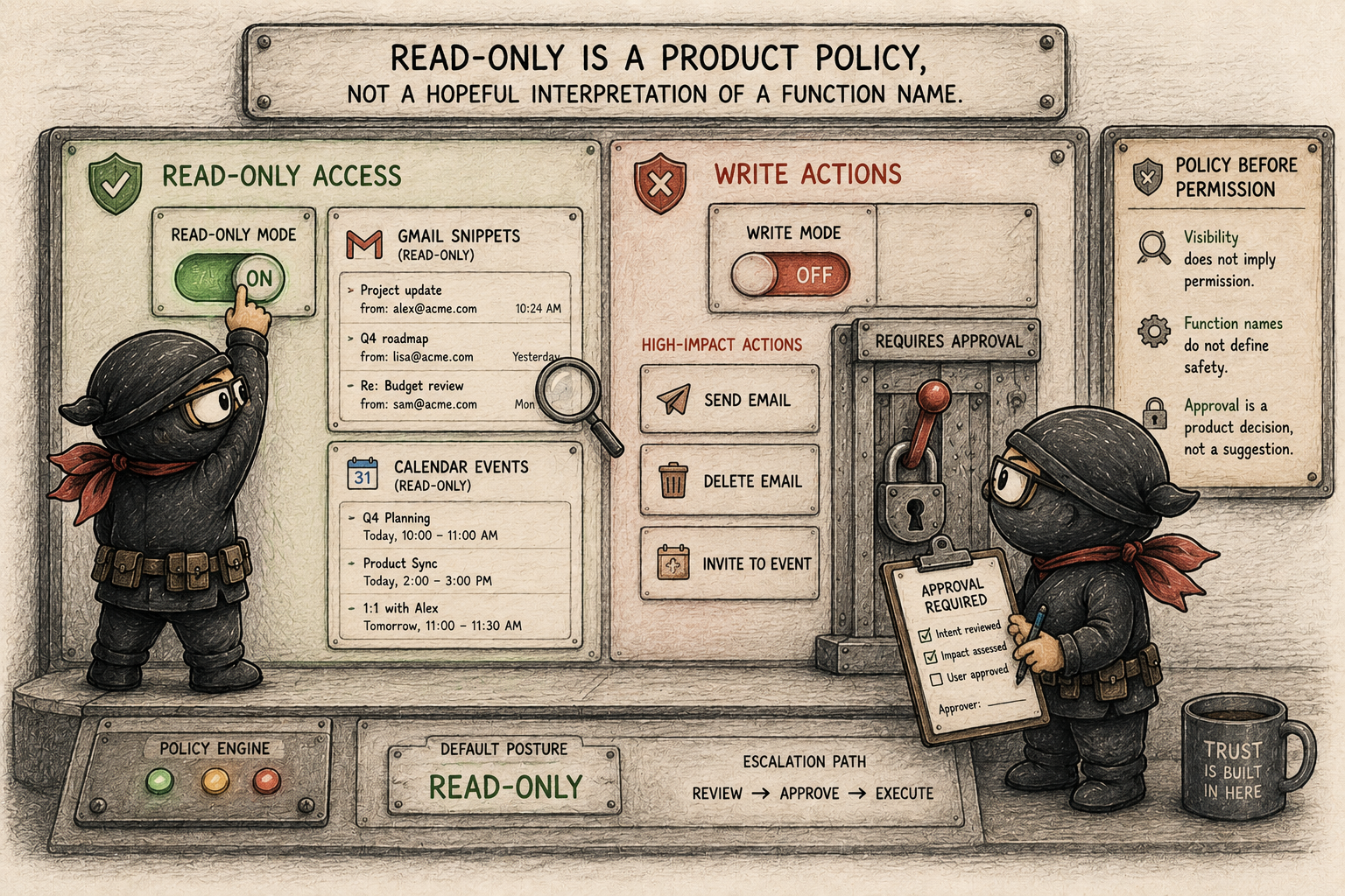 Ninja avatar-minions separating read-only access from write actions, with approval controls, Gmail snippets, calendar events, and policy-before-permission notes.