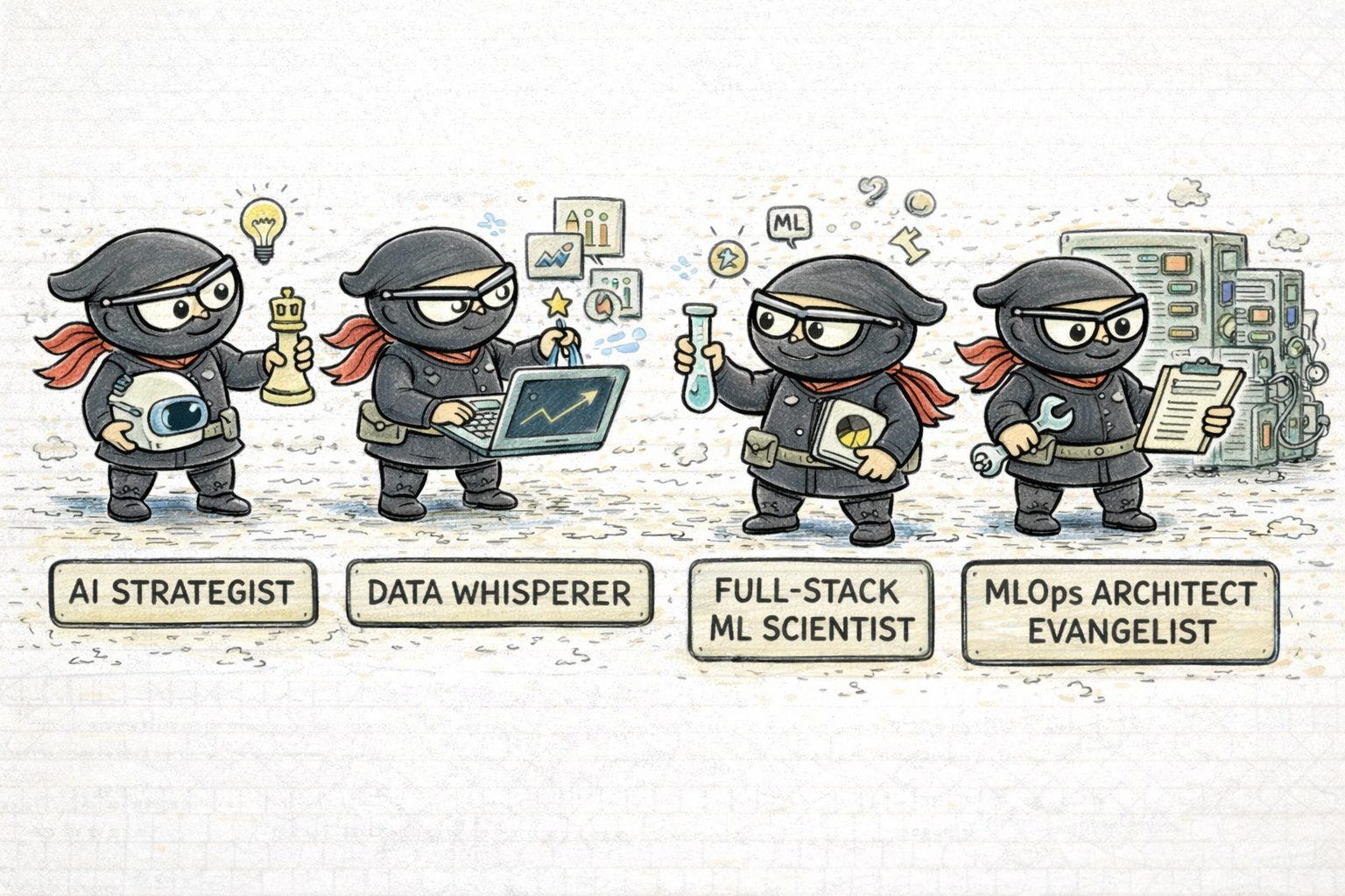 Four ninja engineers posing as exaggerated AI and ML job-title archetypes: AI Strategist, Data Whisperer, Full-Stack ML Scientist, and MLOps Architect Evangelist.