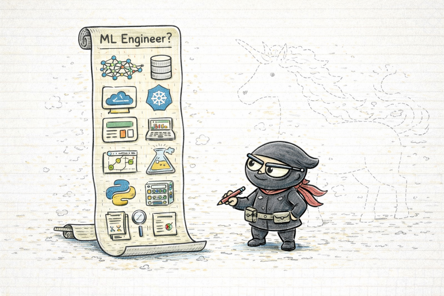 A ninja engineer pointing at an overloaded ML Engineer job specification scroll while a faint unicorn outline appears in the background.