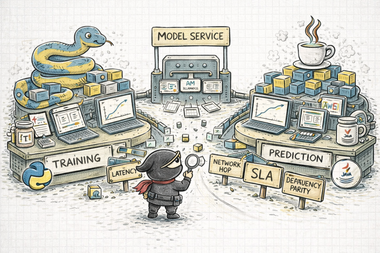 A hand-drawn illustration of a model service boundary with a load balancer, showing clean scaling but also latency and operational trade-offs.