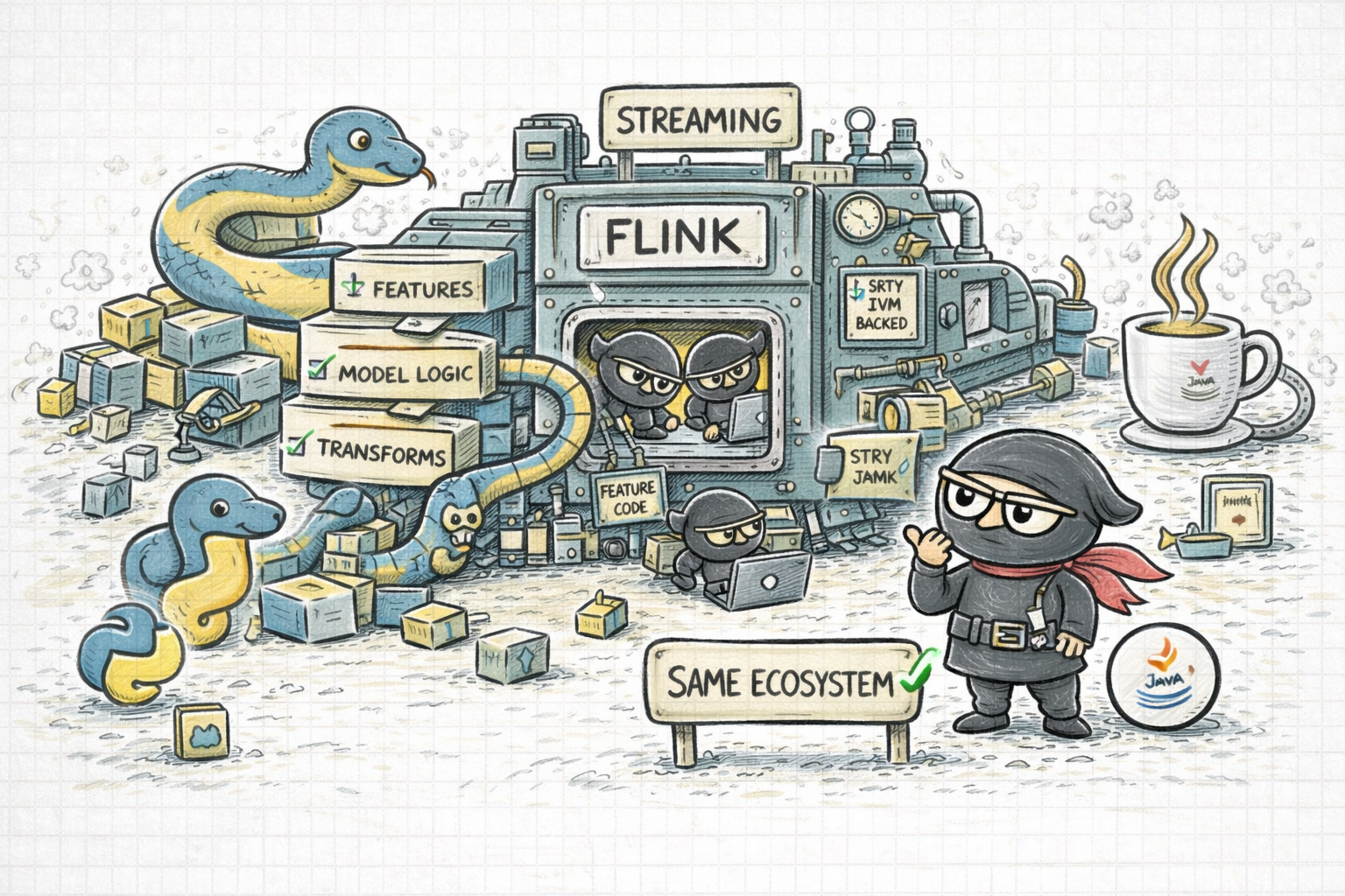 A hand-drawn illustration showing PyFlink as a serious streaming platform that lets Python-native model and feature logic stay closer together.