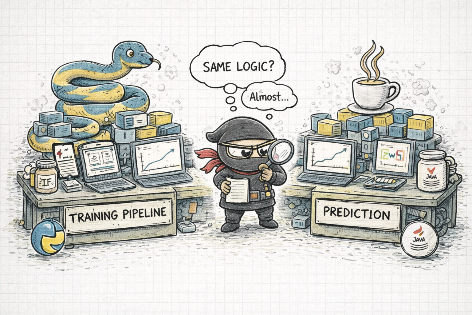 A hand-drawn illustration of Python training and Java prediction pipelines drifting apart in subtle but painful ways.