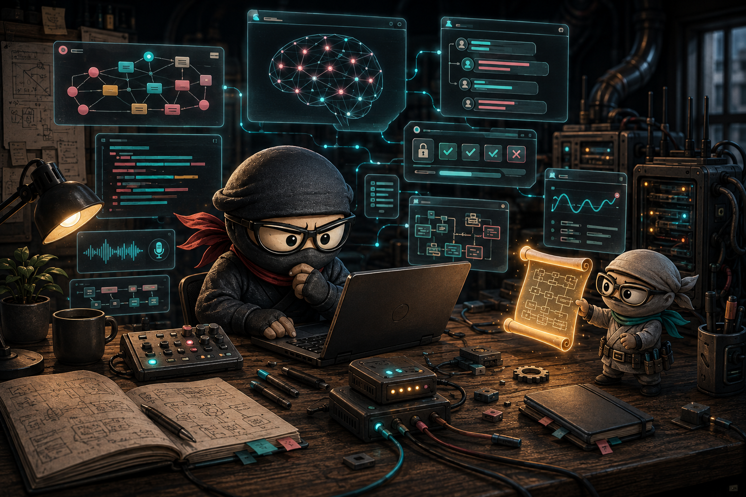 Ninja engineer inspecting a local AI workbench with model runtime, memory, tool approval, evidence, and voice panels while a skeleton helper holds a runtime evidence scroll.