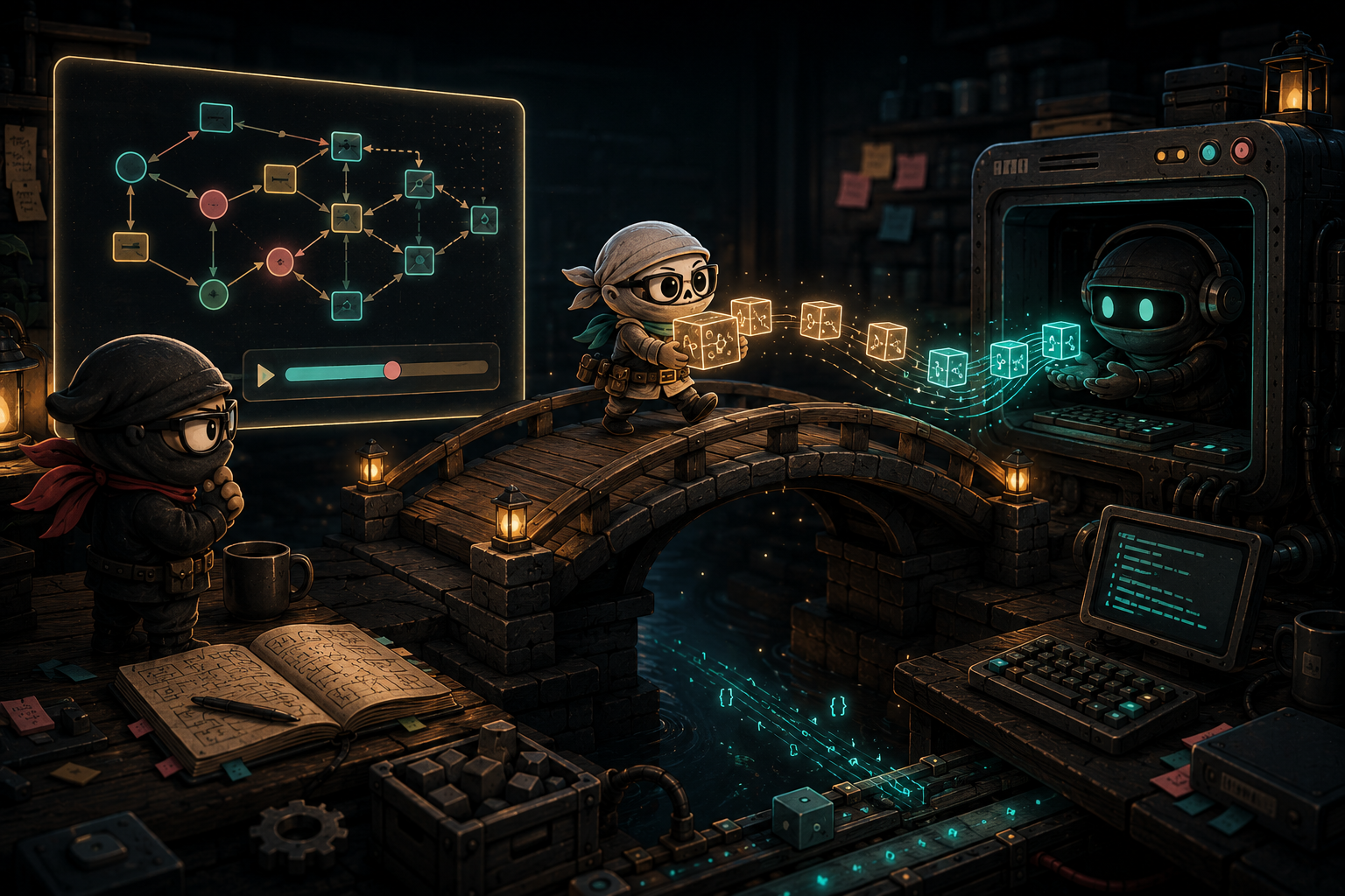 Skeleton helper carrying glowing trace-event blocks across a bridge from a human-visible runtime graph to a local LLM terminal.