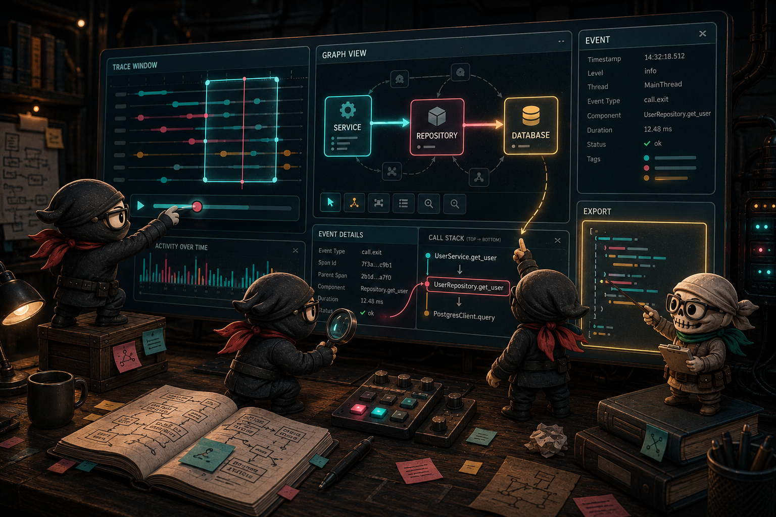 Several ninja engineers and a skeleton helper inspecting a runtime report with a trace window, graph view, event details, and JSON export panel.