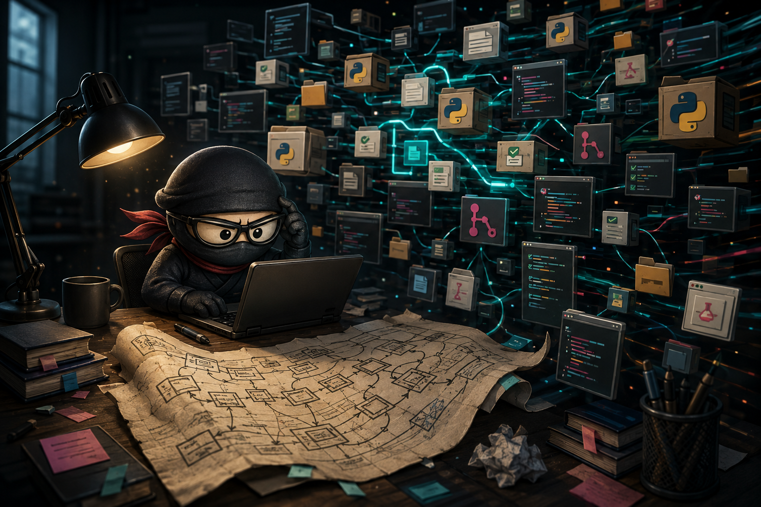 Ninja engineer at a laptop facing a fast-growing web of Python modules, code panels, tests, and architecture boxes.