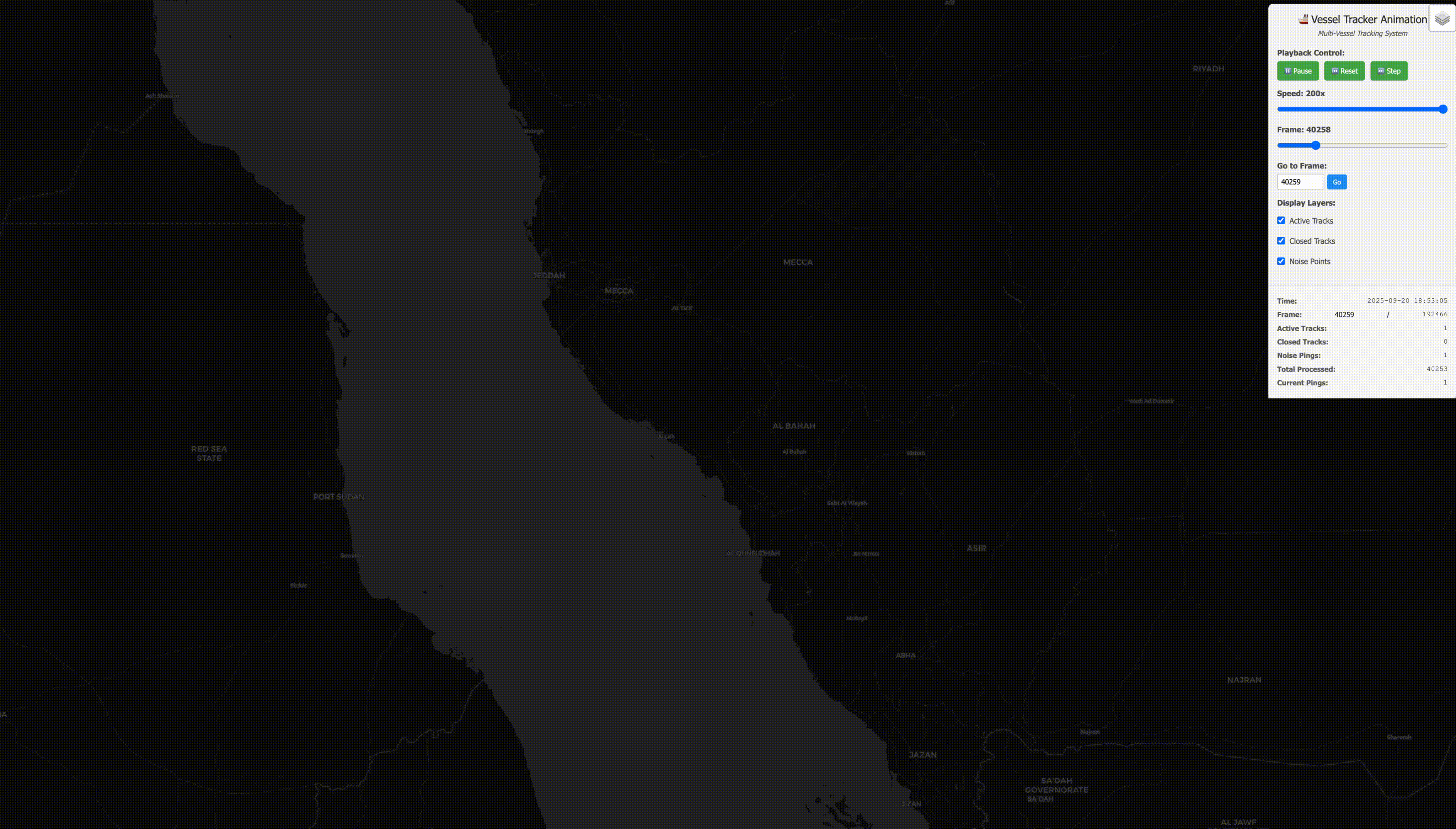 Animated Red Sea vessel tracker showing a noisy ping being separated from the trusted vessel path.