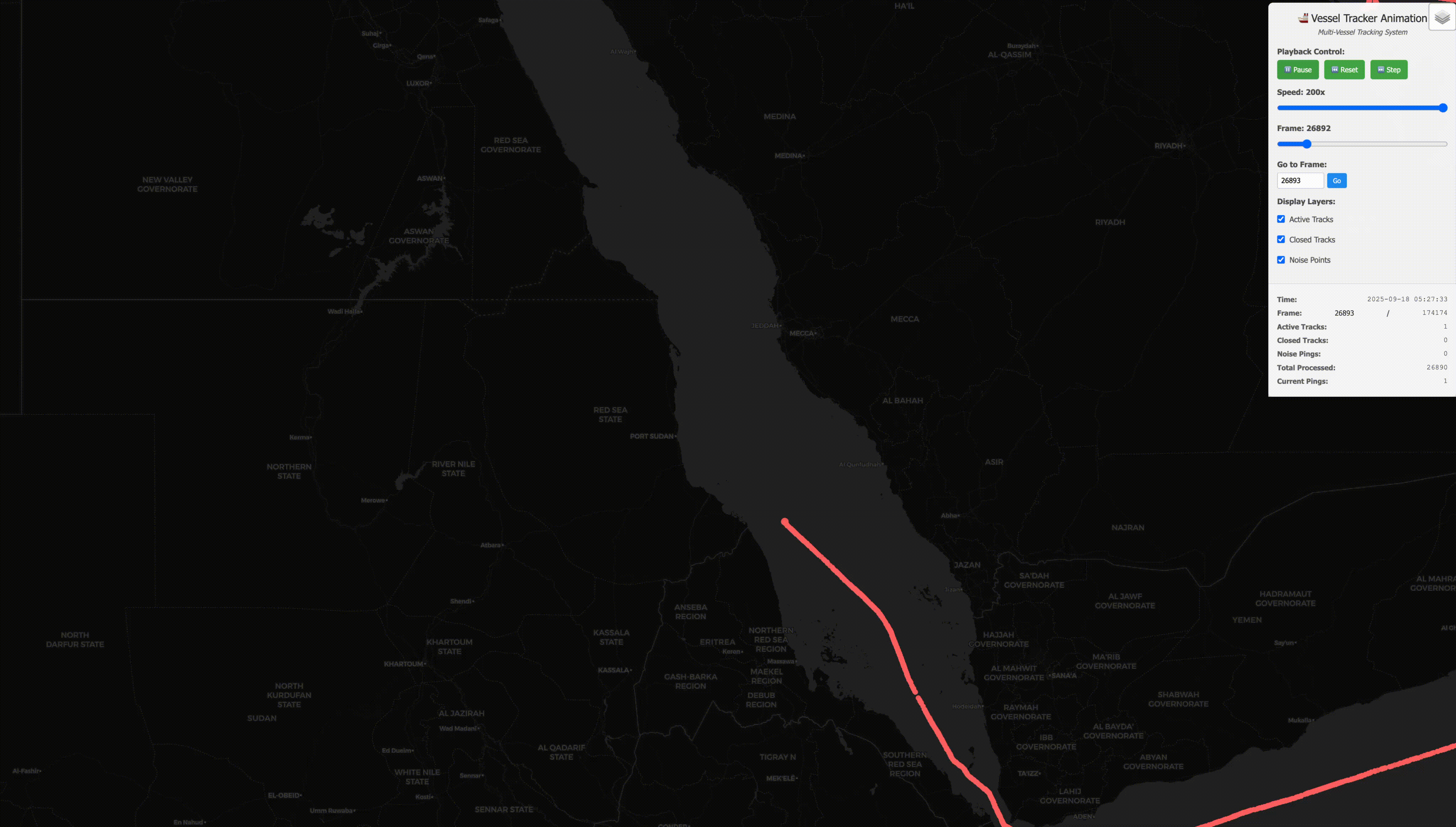 Animated Red Sea tracker showing the plausible region around a vessel track growing over time and new pings being associated with the right track.