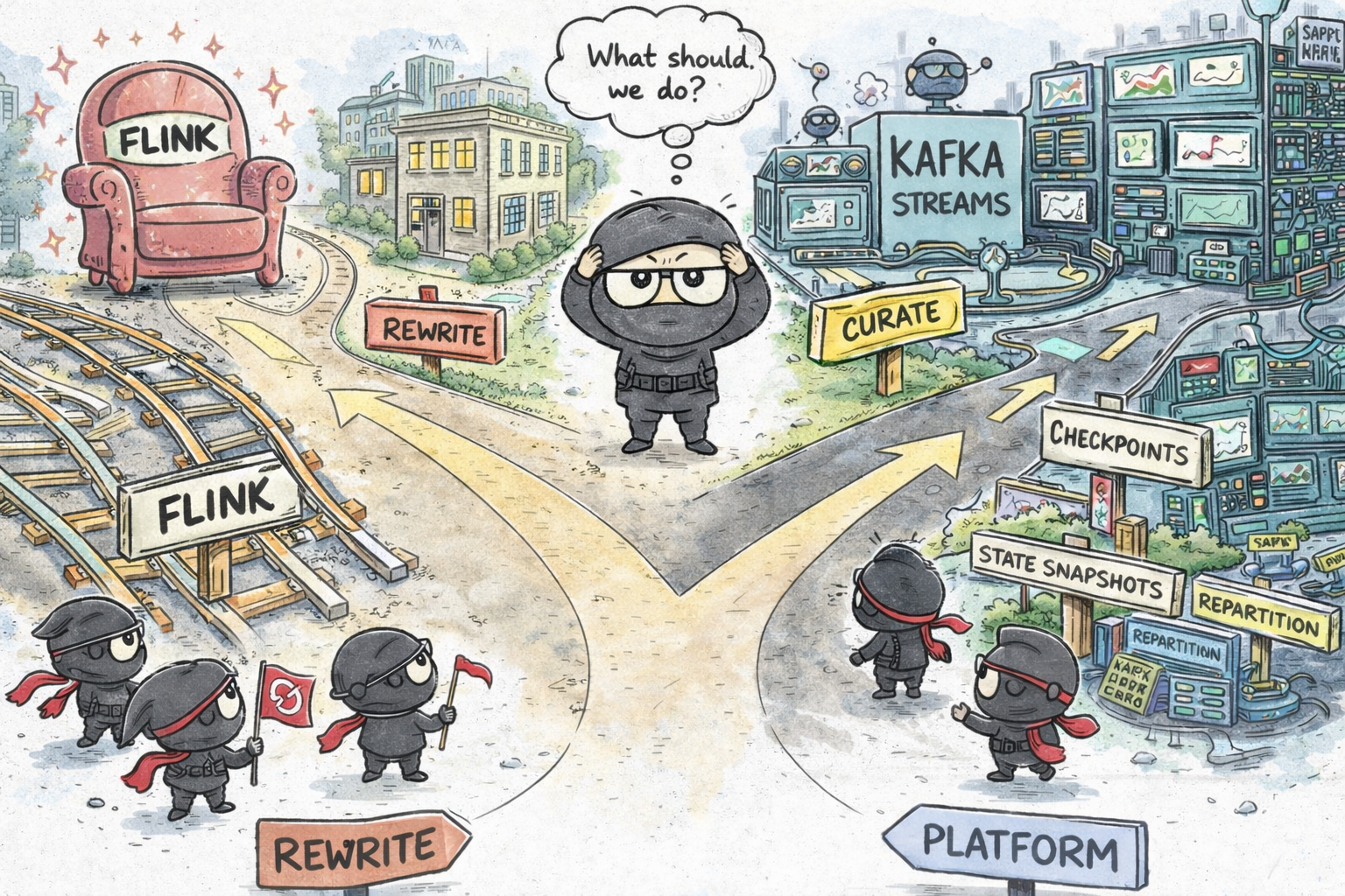 A hand-drawn ninja engineer at a crossroads between rewriting toward Flink and curating a Kafka Streams system into a platform-aware architecture.