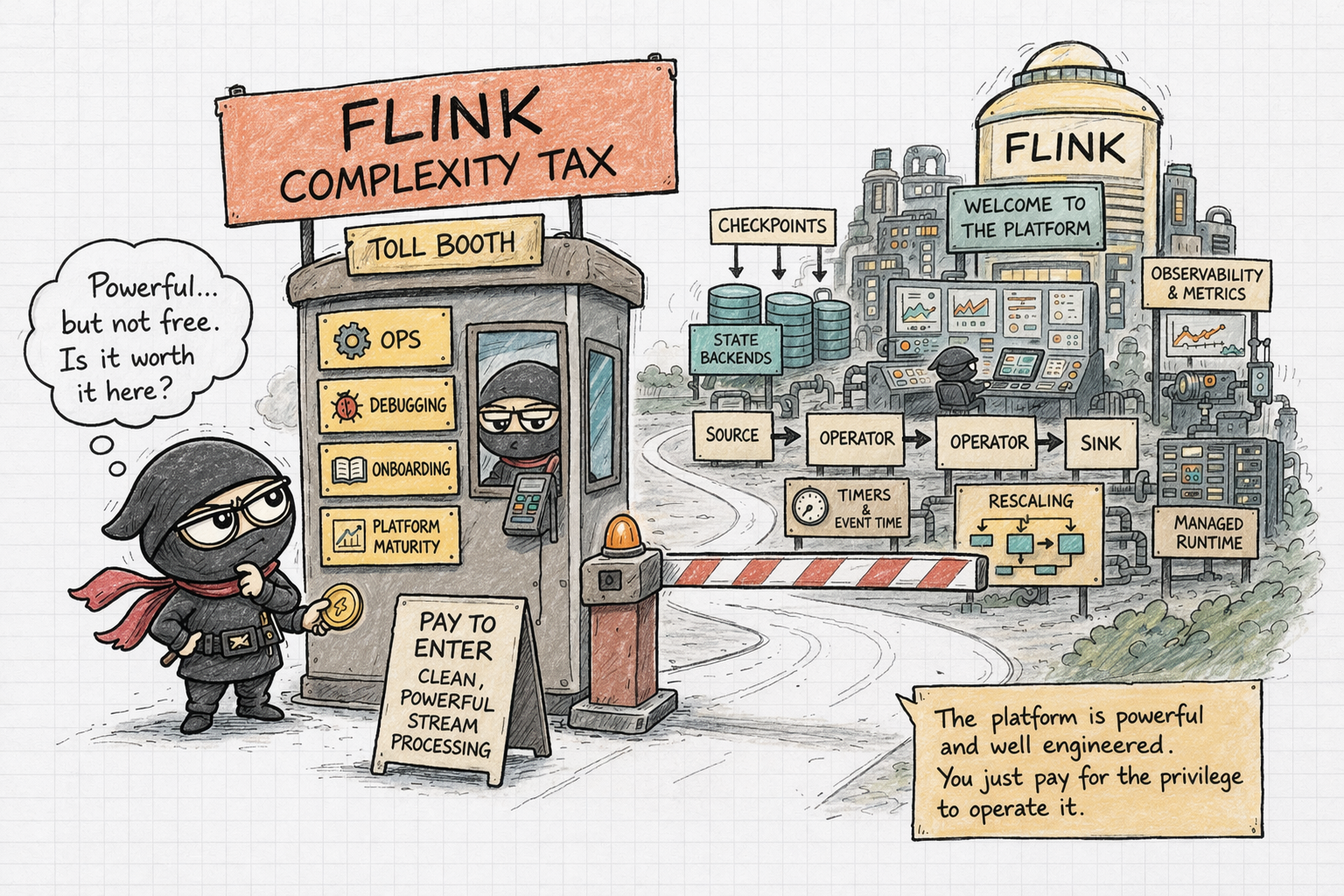 A hand-drawn ninja engineer facing a Flink complexity tax toll booth before entering a powerful streaming platform city.