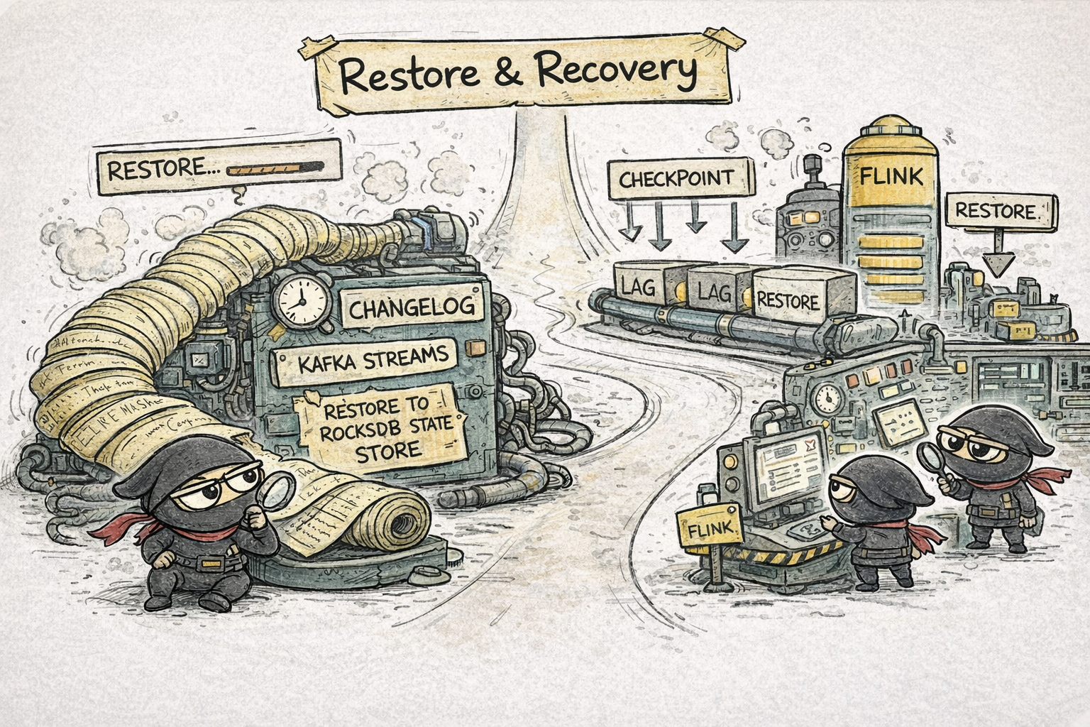 A hand-drawn comparison of Kafka Streams changelog restoration and Flink checkpoint-based restore and recovery.