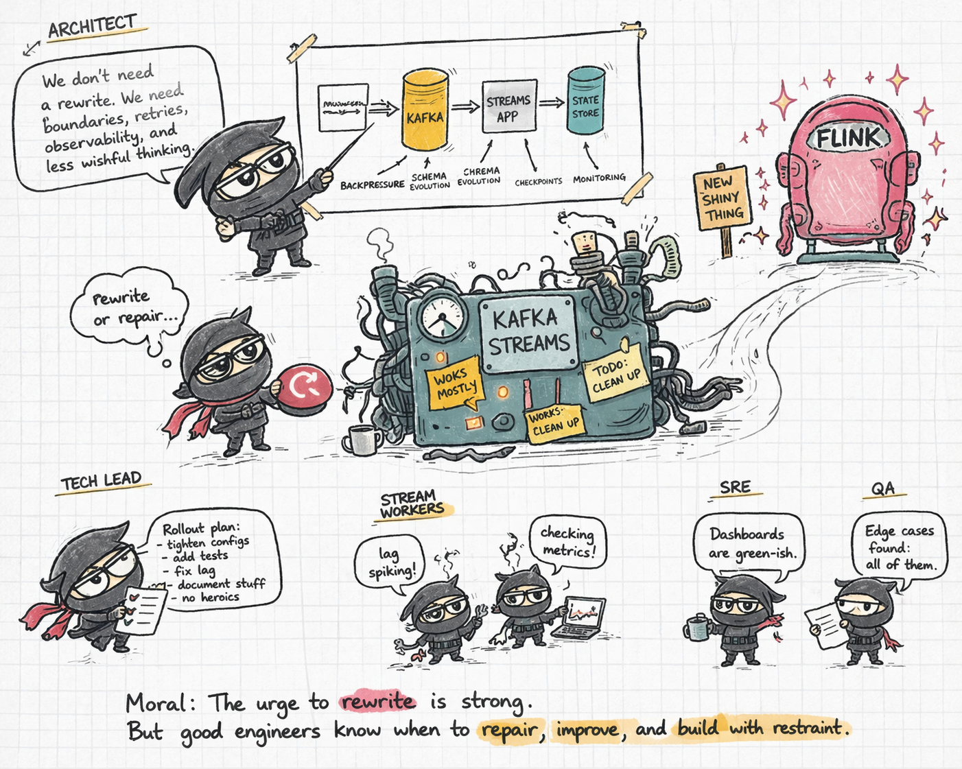 A hand-drawn ninja engineer illustration showing the temptation to rewrite a messy Kafka Streams system while a cleaner architectural repair path is explained.